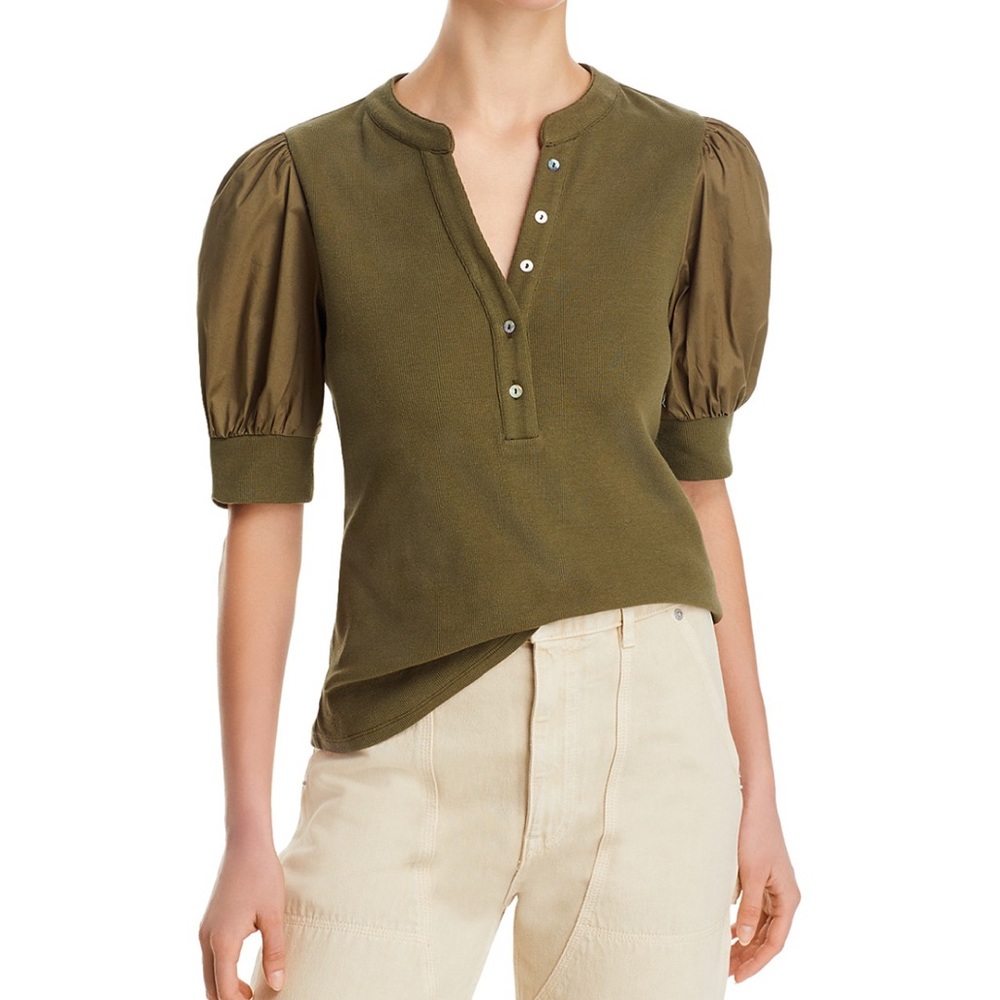 Single Thread Puff Sleeve Olive Henley Top Size Small